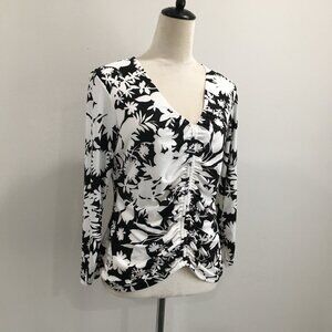 BAILEY 44 Anthropologie Black White Floral Print V Neck Ruching Stretch Shirt